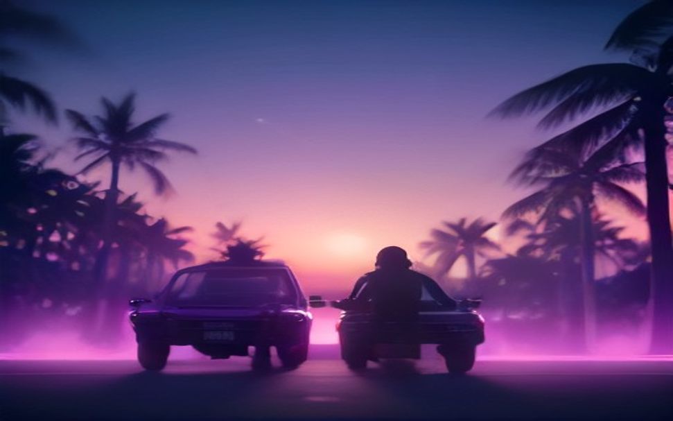 A neon coastal city at night with palms, ocean and a classic car